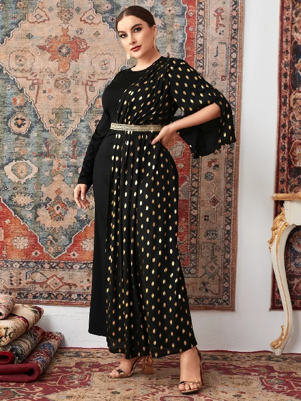 Elegant All Over Print Zipper Three Quarter Length Sleeve Round Neck Flared High Waist Maxi Plus Size Dress Dynamic Women's Moto Elegant All Over Print Zipper Three Quarter Length Sleeve Round Neck Flared High Waist Maxi Plus Size Dress Dynamic Women's Moto