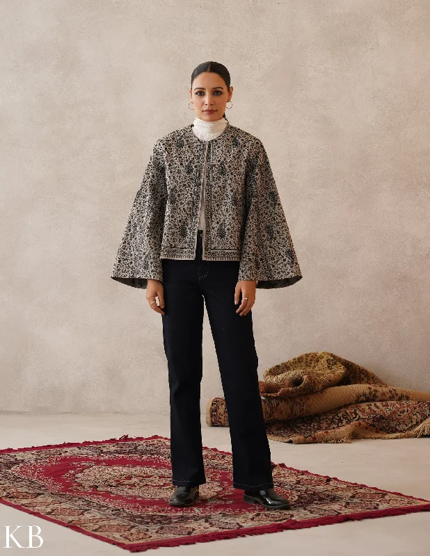 Nayaab Light Grey Kashmiri Sozni Fine Wool  Cape Jacket Geometric