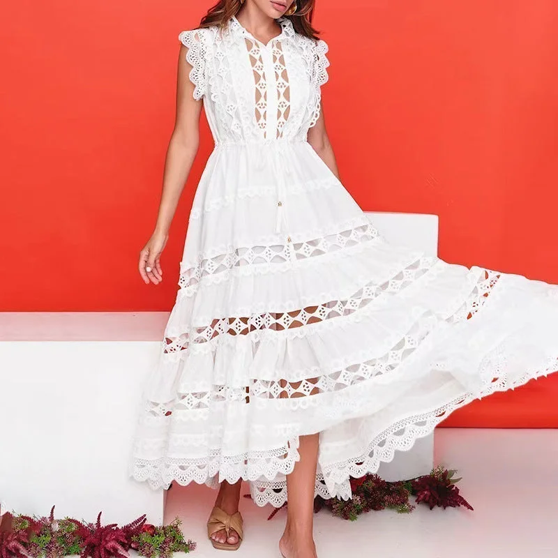 Solid Color Stand Collar Hollow Embroidered Lace Dress Wholesale Maxi Dresses Classic Women's Tweed Solid Color Stand Collar Hollow Embroidered Lace Dress Wholesale Maxi Dresses Classic Women's Tweed