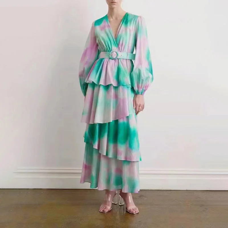Fashion Tie-Dyed Waist V-Neck Long Sleeve Cake Layer Dress Wholesale Dresses Relaxed Women's Fashion Tie-Dyed Waist V-Neck Long Sleeve Cake Layer Dress Wholesale Dresses Relaxed Women's