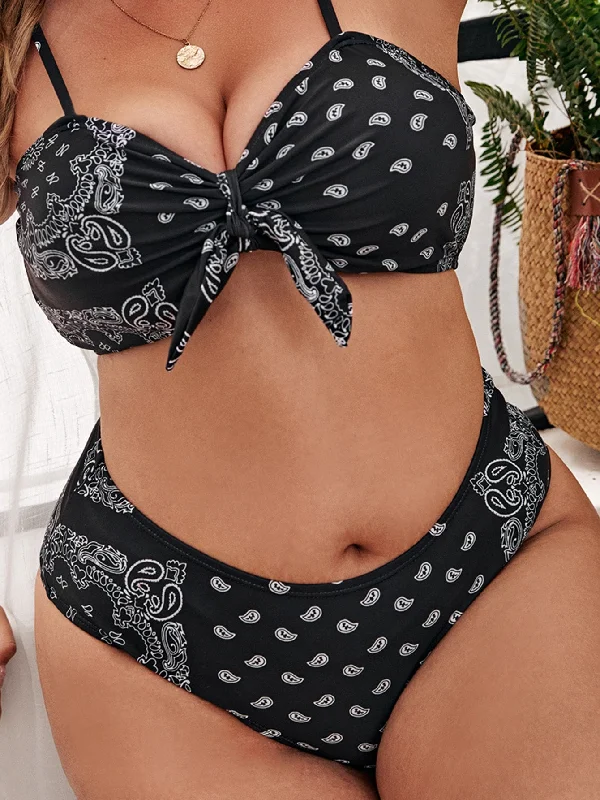 Cute Paisley Ruched Bust Spaghetti Strap Plus Size Bikini Bottoms Sleek Women's 