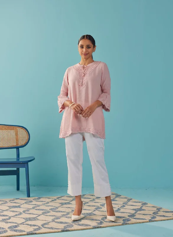 Pink Solid Tunic with Keyhole Neck and Bell Sleeves Feminine Women's Soft 