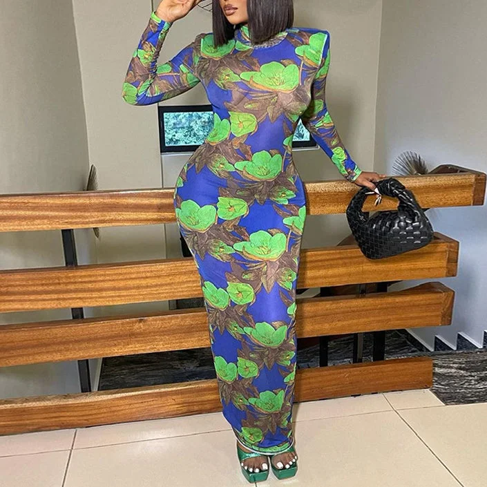 Perspective Mesh Print Tight Long-Sleeved Round Neck Dress Wholesale Dresses Monochromatic All - in - one Perspective Mesh Print Tight Long-Sleeved Round Neck Dress Wholesale Dresses Monochromatic All - in - one