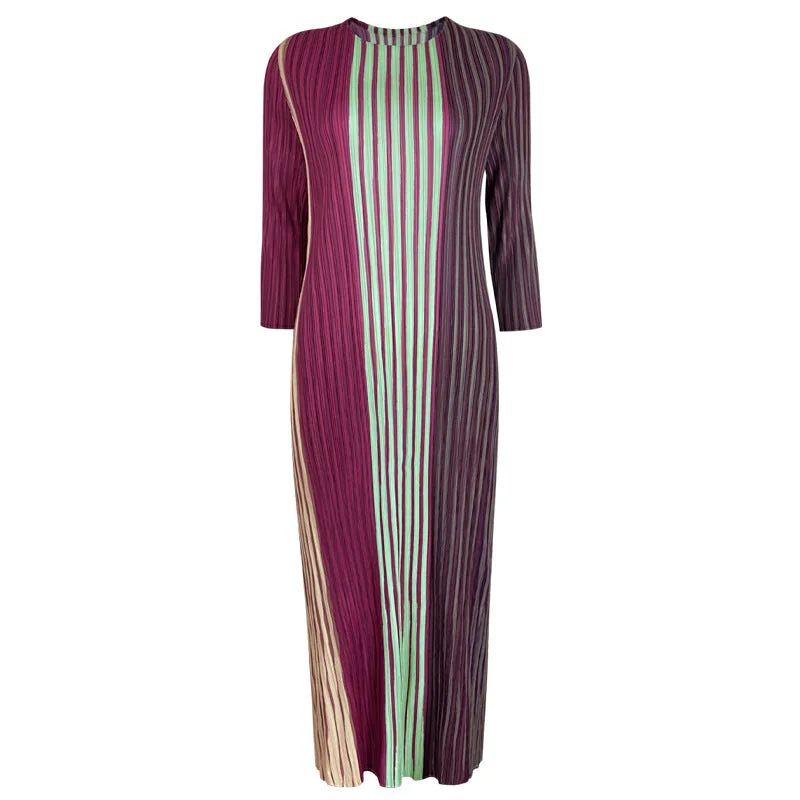 Casual Colour Block Vertical Stripe Printed Round Neck Pleated Dress Wholesale Dresses Cool Women's Skate Casual Colour Block Vertical Stripe Printed Round Neck Pleated Dress Wholesale Dresses Cool Women's Skate