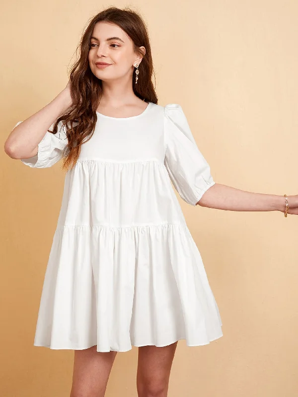 Plain Ruffle Hem Half Sleeve Round Neck Flounce High Waist Mini Dress Edgy Women's Punk