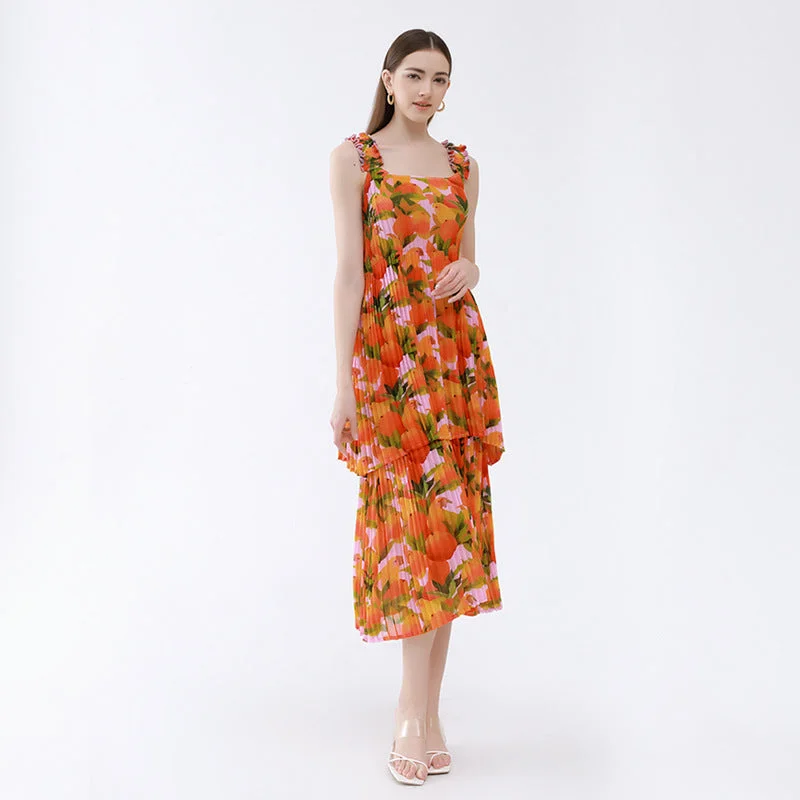 Fashion Flower Print Multi Layered Pleated Camisole Dress Wholesale Dresses purpose