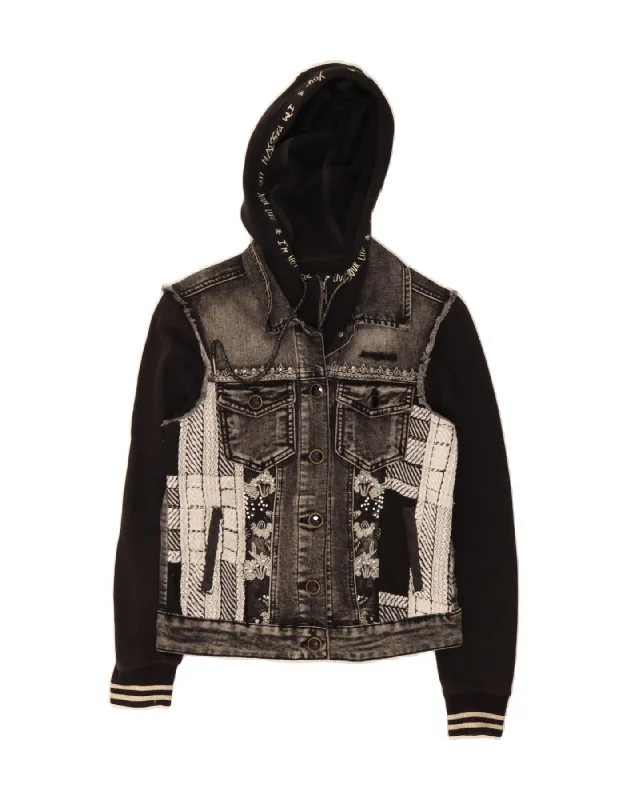 DESIGUAL Womens Hooded Denim Jacket EU 36 Small Black Colourblock Cotton Cozy Women's Sherpa - lined DESIGUAL Womens Hooded Denim Jacket EU 36 Small Black Colourblock Cotton Cozy Women's Sherpa - lined