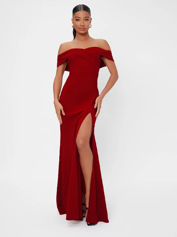 Glamorous Plain Split Thigh Cap Sleeve Off The Shoulder Slit High Waist Maxi Dress Monochromatic All - in - one Glamorous Plain Split Thigh Cap Sleeve Off The Shoulder Slit High Waist Maxi Dress Monochromatic All - in - one
