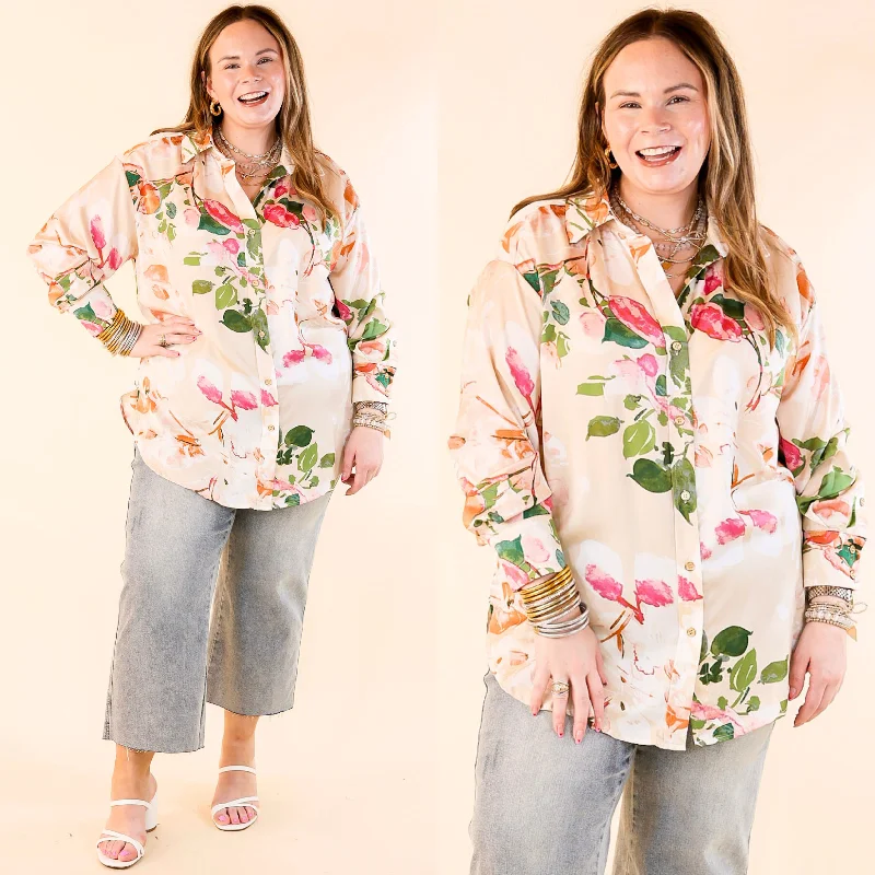 Tell Me Something Good Floral Long Sleeve Button Up Top in Beige Earthy Women's 