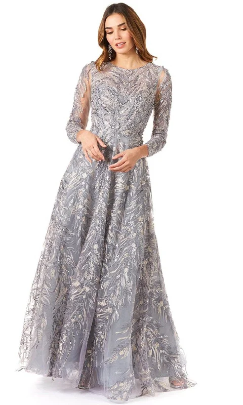 Lara Dresses 29353 - Floral Beaded Sheer Bateau Long Sleeved Dress Feminine Women's Soft Lara Dresses 29353 - Floral Beaded Sheer Bateau Long Sleeved Dress Feminine Women's Soft