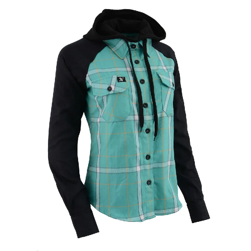Milwaukee Leather MNG21601 Women's Casual Black and Teal Long Sleeve Cotton Flannel Shirt with Hoodie European