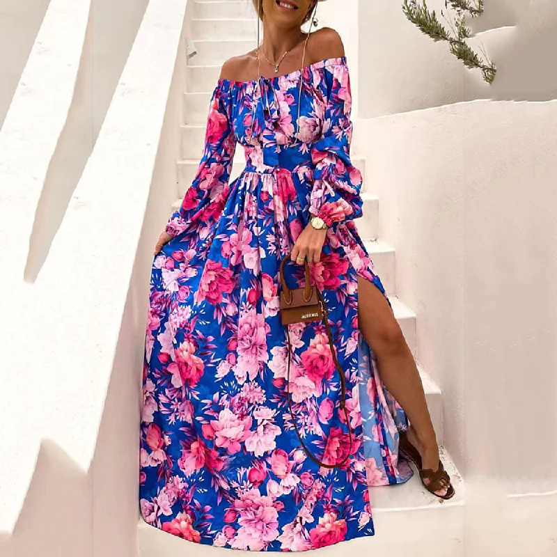 Vacation Off-Neck Floral Print Long Sleeve Slit Dress Wholesale Maxi Dresses Hip Women's Urban Vacation Off-Neck Floral Print Long Sleeve Slit Dress Wholesale Maxi Dresses Hip Women's Urban