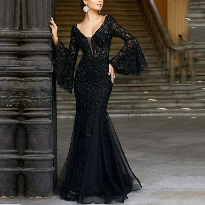 Sexy V-Neck Lace Embroidery Fishtail Slim Evening Dresses Wholesale Dresses Modern Women's Sexy V-Neck Lace Embroidery Fishtail Slim Evening Dresses Wholesale Dresses Modern Women's