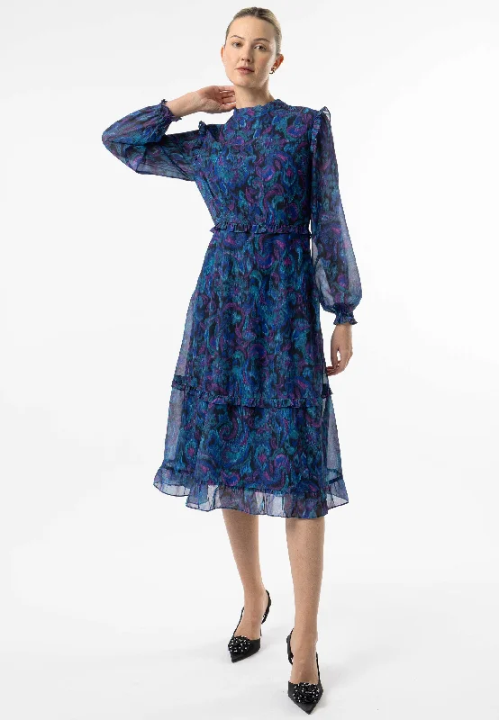 High Neck Ruffle Detail Midi Dress in Blue Paisley Print Hip Women's Retro