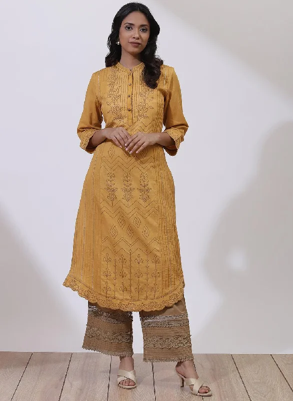 Mustard Sequins Work Pleated Kurta Traditional Women's 