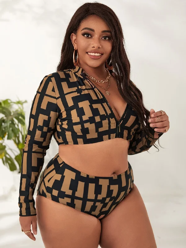 Sporty Geometric Zipper High Neck Plus Size Tankini Business