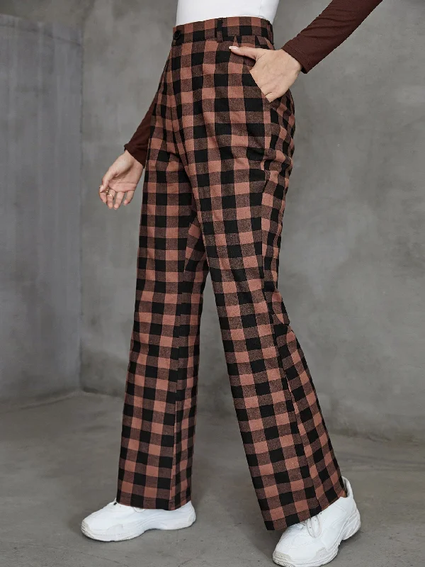 Casual Gingham Zipper High Waist Long Women Pants Traditional Women's 