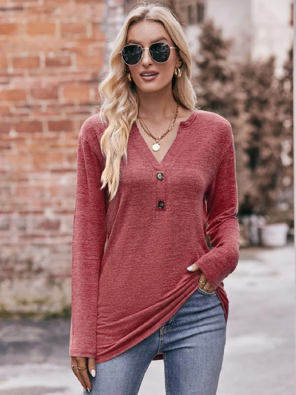 Buttoned Notched Neck Long Sleeve Top Unique Women's Upcycled