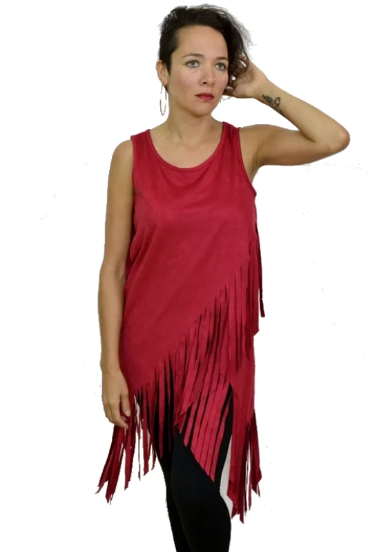 Faux Suede Hippie Fringe Top - Red Tough Women's Military - inspired
