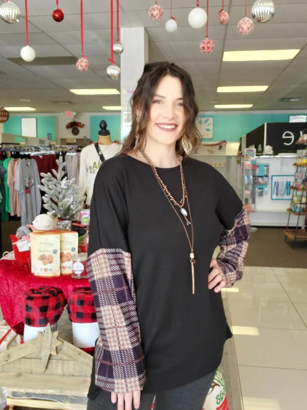 Plaid Stripes Print LS Top Trendy Women's Oversized