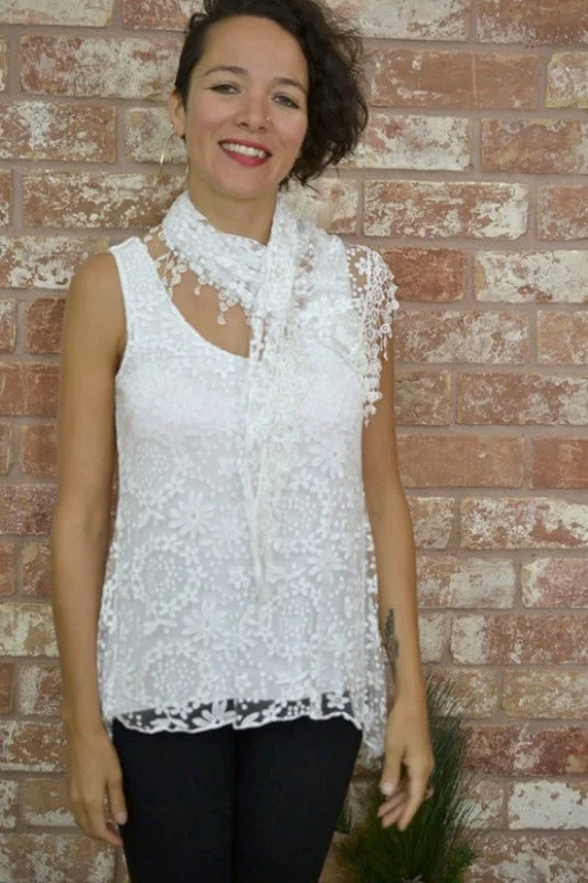 Seduzione Hi Lo Blouse + Fringe Scarf - White Elegant Women's Formal 