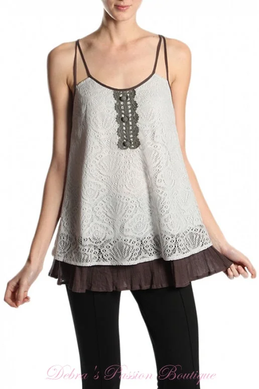 A'Reve Romantic Lace Tank - Grey/Brown Casual Women's Japanese 
