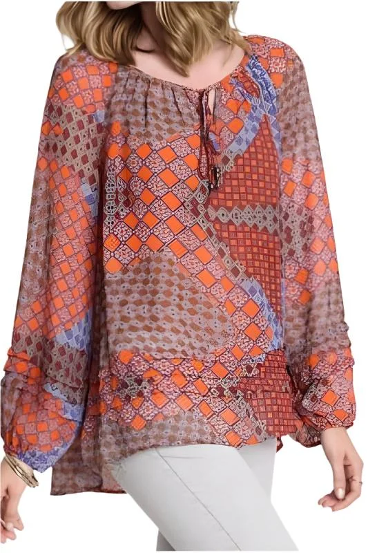 Umgee Patchwork Sheer Blouse - Tangerine Sustainable Organic