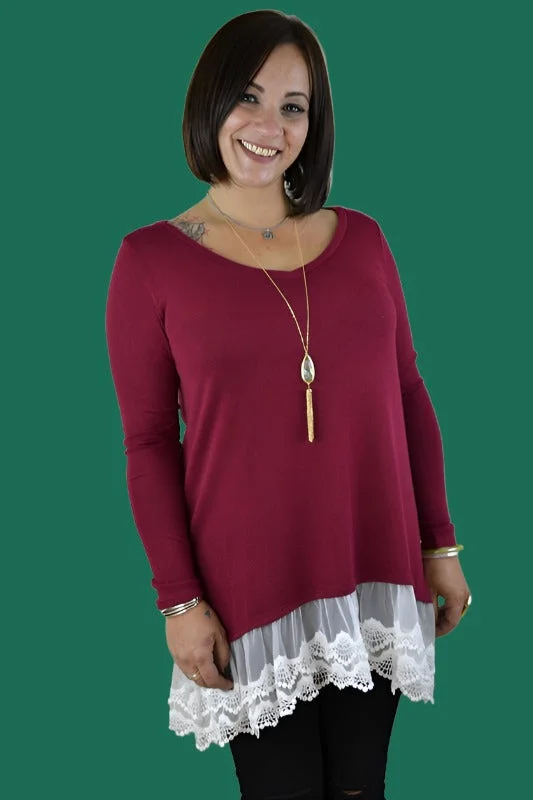 Reborn J Hi Lo Lace Hem Tunic - Burgundy Youthful Women's Pop