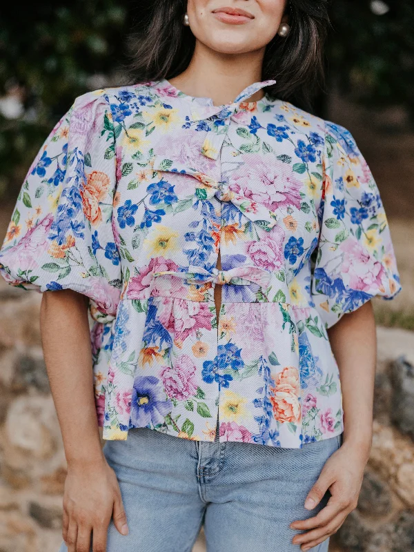 Floral Front Bows Babydoll Top Laid - back Women's Vibe