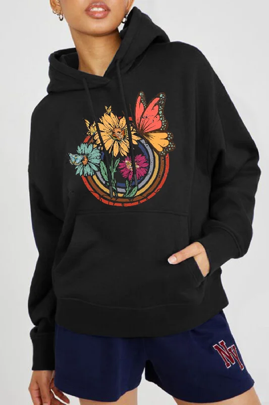 Butterfly and Flower Graphic Hoodie Bold Women's Animal Print