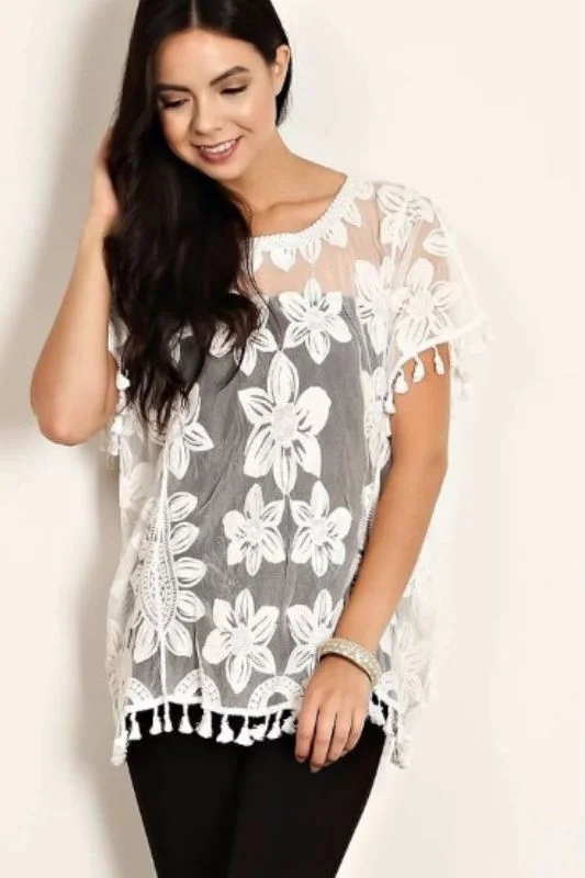 Dazzle Me Sheer Mesh Flower Crochet Top - White Country