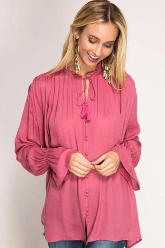 Bohemian Flare Sleeve Button Down Blouse - Dark Mauve Contemporary 