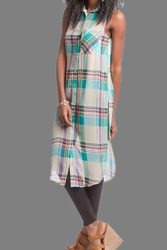 She + Sky Long Plaid Sheer Blouse - Jade Polished Women's Silk