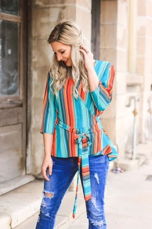 L&B Serape Belted Stripe V Neck Top - Jade Orange Modern Women's 