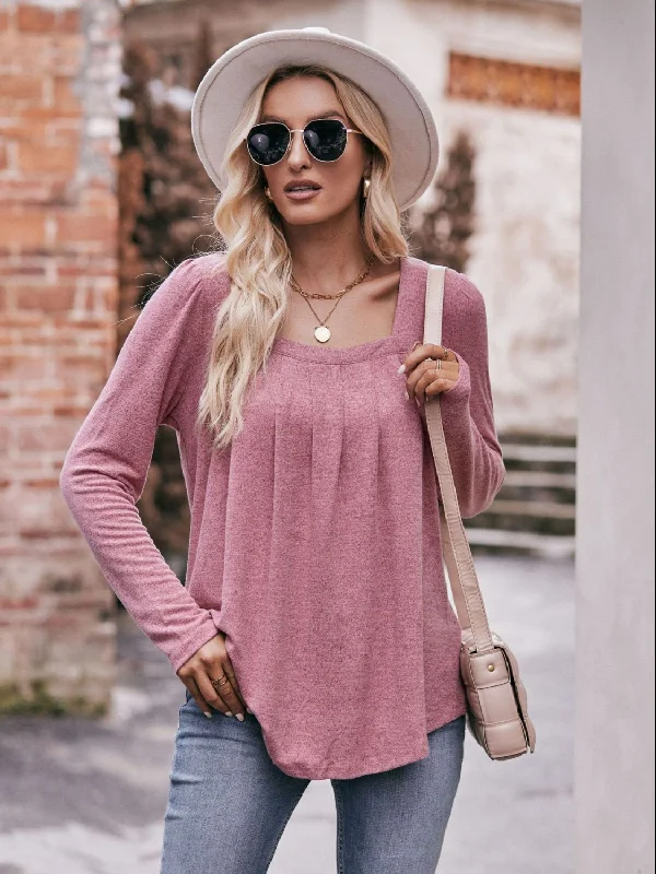 Pleated Detail Curved Hem Long Sleeve Top Bold Women's Animal Print