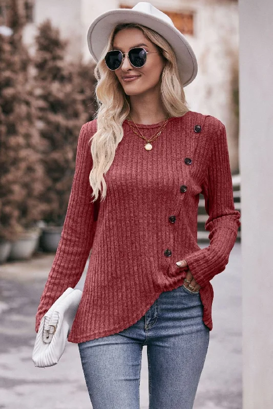 Destiny Ribbed Buttoned Long Sleeve Tee Country