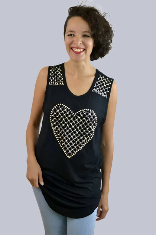 Vocal Rhinestone Studs Heart Tank - Black Sporty Women's Tennis