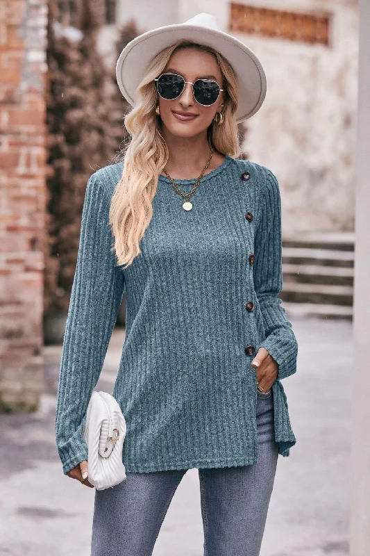 Desiree Ribbed Buttoned Long Sleeve Tee Sharp Women's Italian