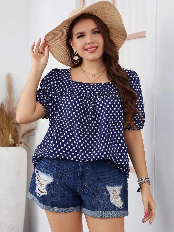 Plus Size Polka Dot Square Neck Blouse Adventure