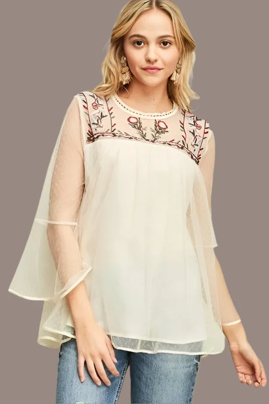 Entro Embroidered Dot Mesh Blouse - Natural Cozy Women's Winter