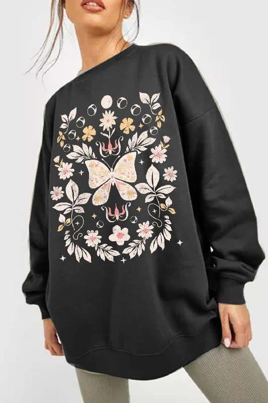 Flower and Butterfly Graphic Sweatshirt Feminine Women's Soft 