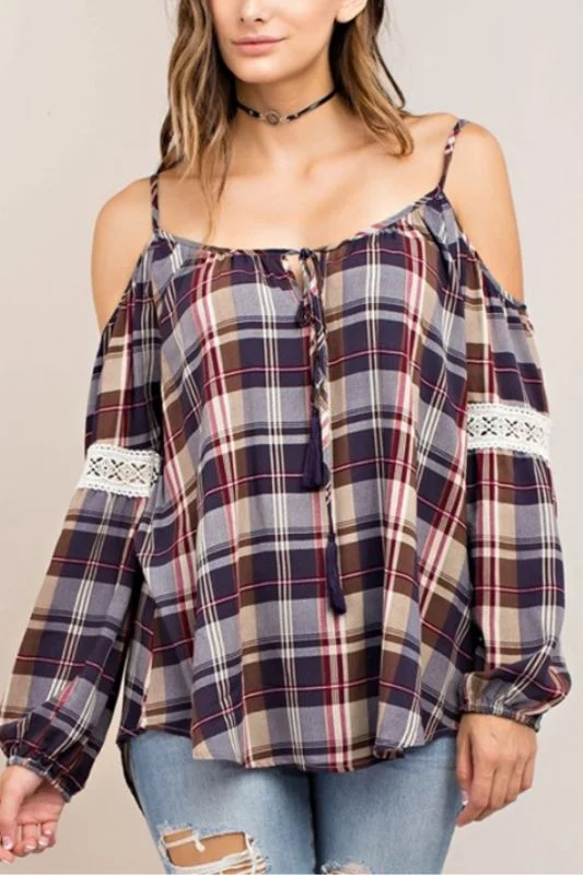 Kori Cold Shoulder Plaid Blouse - Eggplant Hip Women's Urban