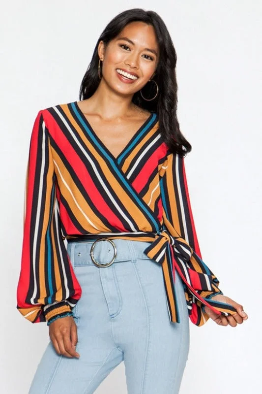 Flying Tomato Striped Wrap Crop Blouse Contemporary 
