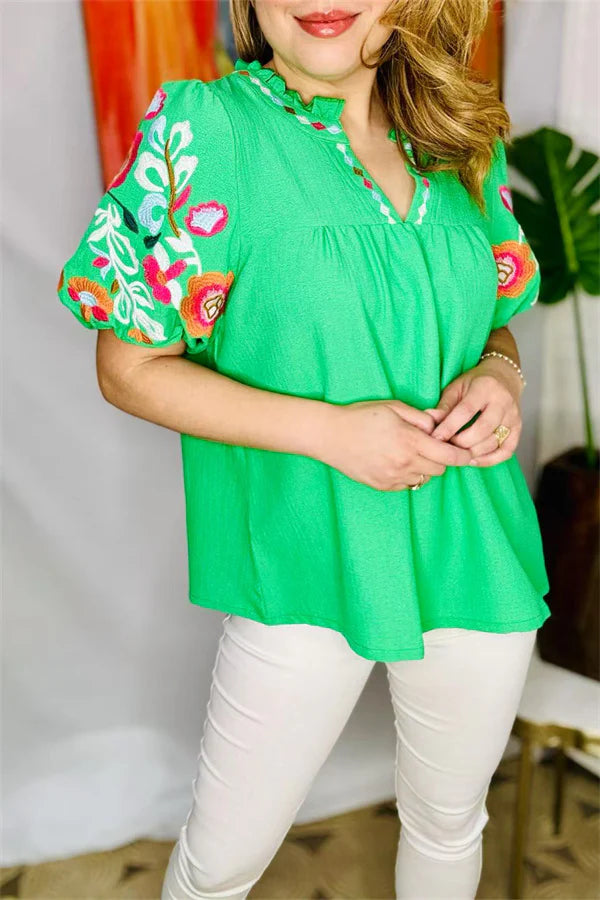 SS Embroidered Blouse Hip Women's Retro