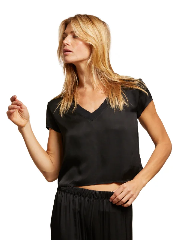 Amelle Satin V Neck Tee Black Laid - back Women's Vibe