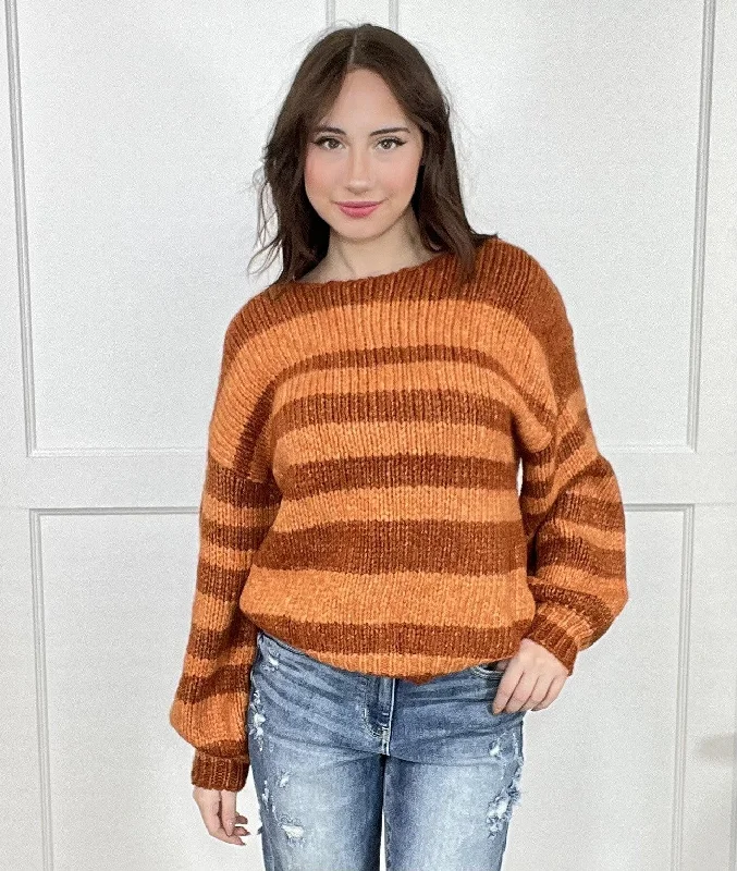 Sunset Striped Women's Chunky Knit Puffy Sleeve Sweater *Final Sale* Monochromatic Office Style