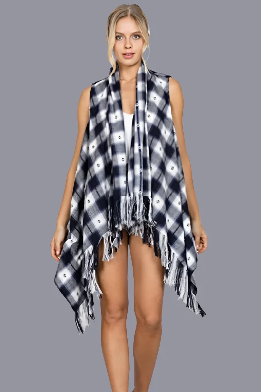 En Creme Flannel Plaid Fringe Vest - Navy Street