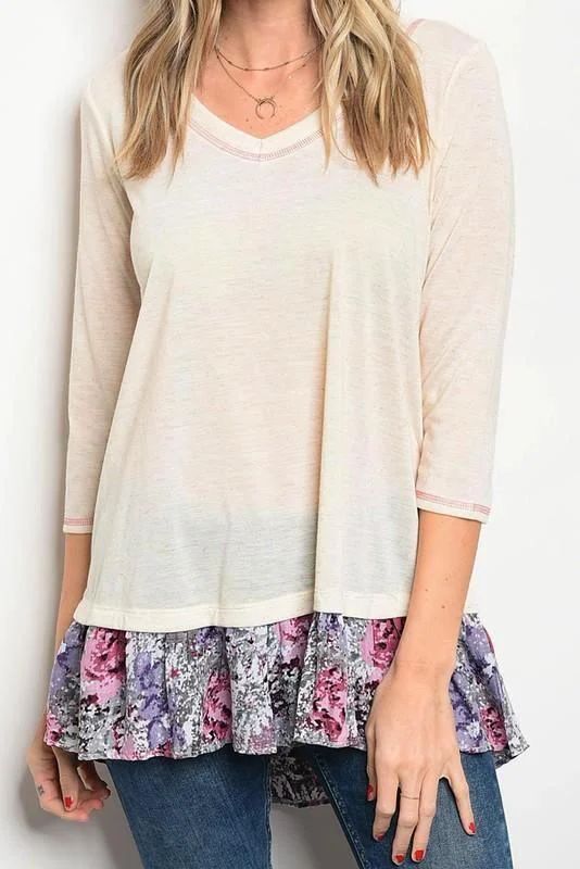 Oddi Floral Contrast Tunic Top - Oatmeal Business