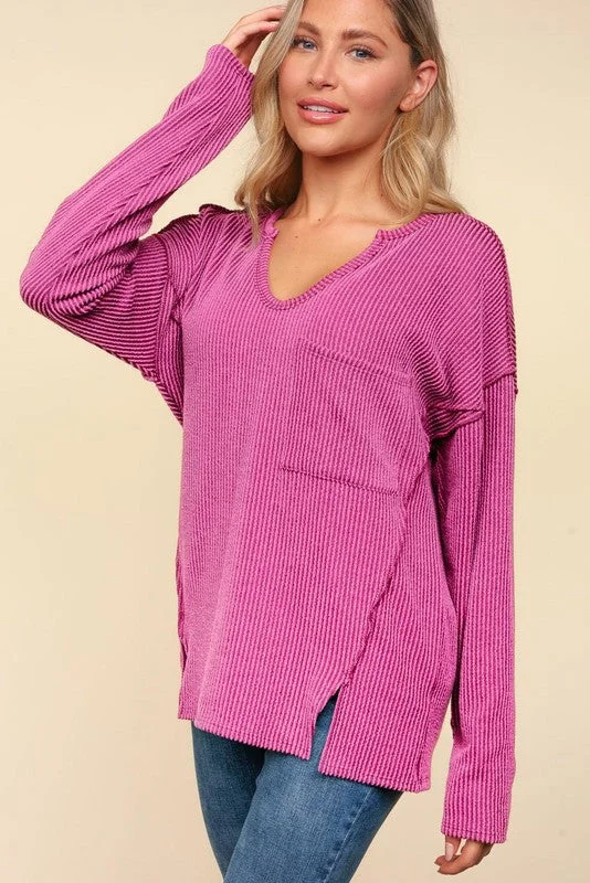 Ribbed Knotched Neck Top Bohemian Women's Free
