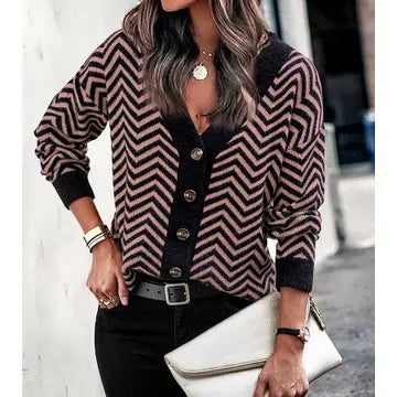 Stripe V Neck Casual Cardigan Sophisticated Women's 